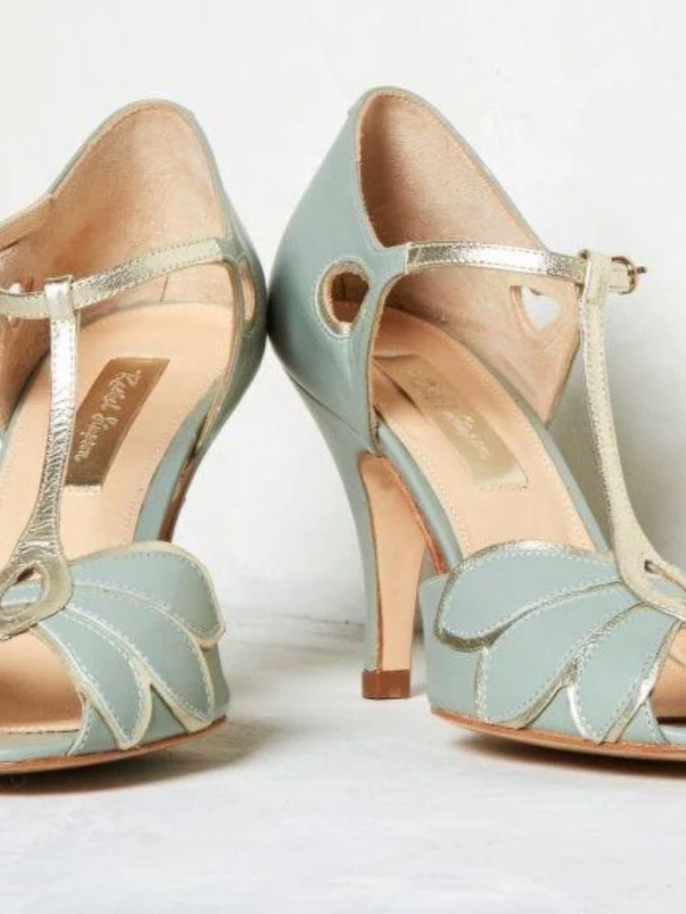 BHLDN Women's Mint Green Mimosa T-Strap Heels with Gold Trim